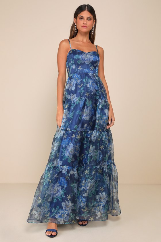 Blue Floral Organza Dress - Tiered Floral Gown - Black Gown - Lulus