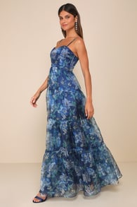 Exclusive Glamour Blue Floral Organza Tiered Maxi Dress 5