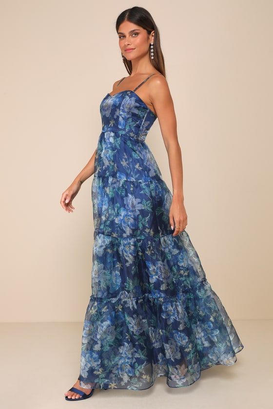 Blue Floral Organza Dress - Tiered Floral Gown - Black Gown - Lulus