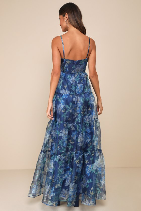 Lulus Exclusive Glamour Blue Floral Organza Tiered Maxi Dress In Blue