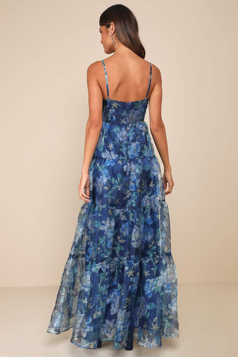 Exclusive Glamour Blue Floral Organza Tiered Maxi Dress