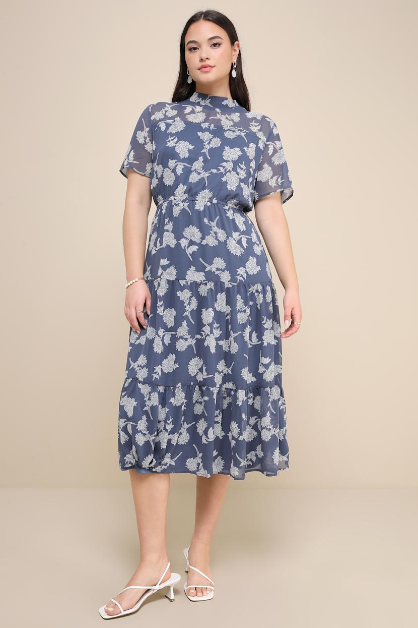 Floral Dressed Up Dusty Blue Floral Print Midi Dress