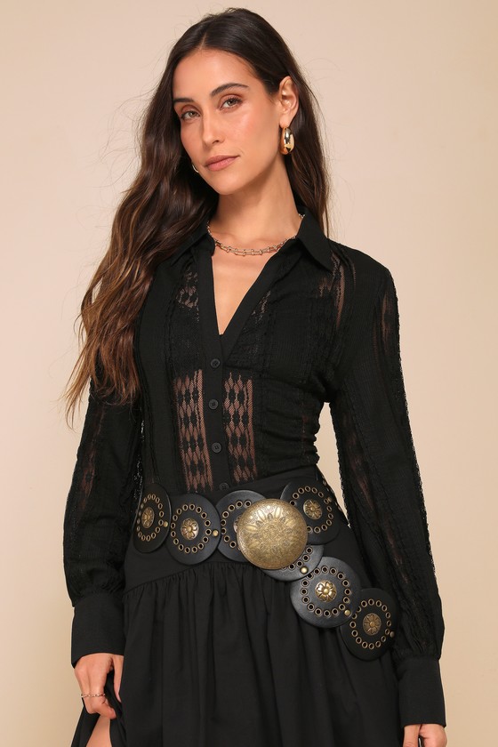 chinese dress ladies Luka Lace Shirt Dress | Black Puff Sleeve Lace Button Down