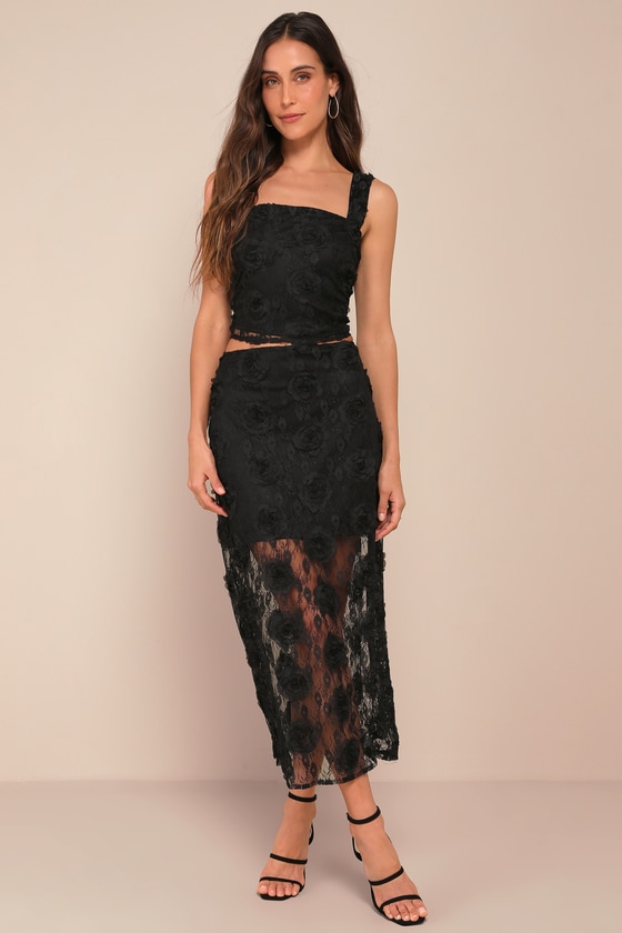 Lulus Undeniable Effect Black Sheer Lace Rosette Midi Skirt In Black