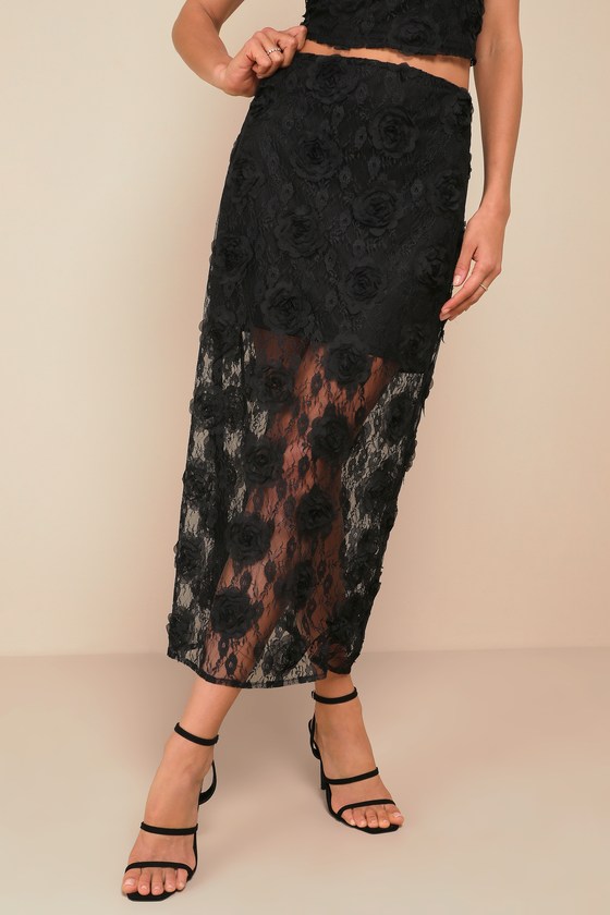 Lulus Undeniable Effect Black Sheer Lace Rosette Midi Skirt In Black