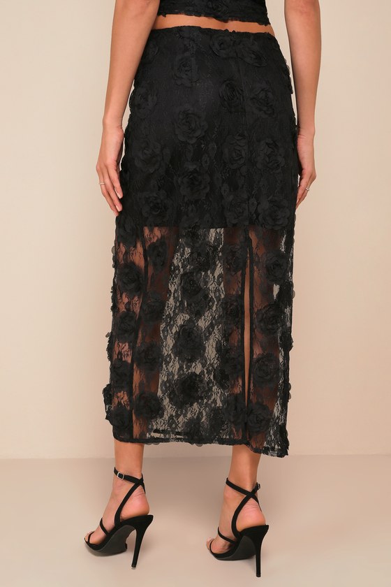 Lulus Undeniable Effect Black Sheer Lace Rosette Midi Skirt In Black