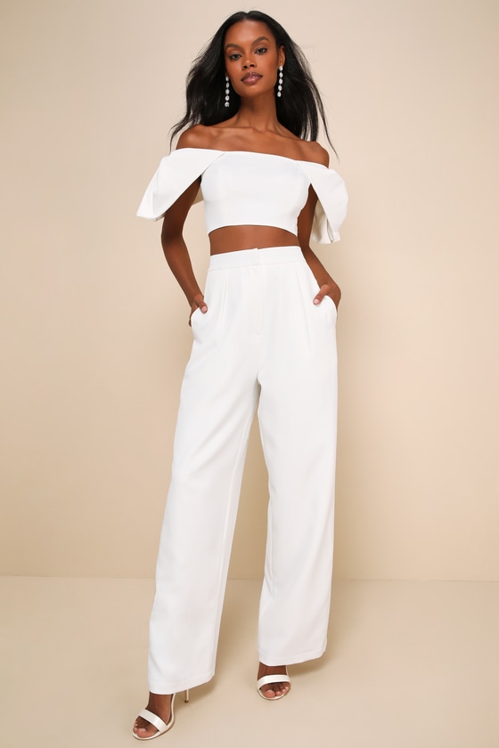 LULUS CAPTIVATING ENTRANCE WHITE OFF-THE-SHOULDER TWO-PIECE JUMPSUIT 
