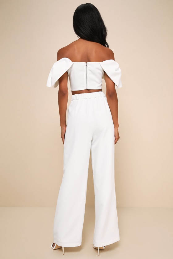 LULUS CAPTIVATING ENTRANCE WHITE OFF-THE-SHOULDER TWO-PIECE JUMPSUIT 