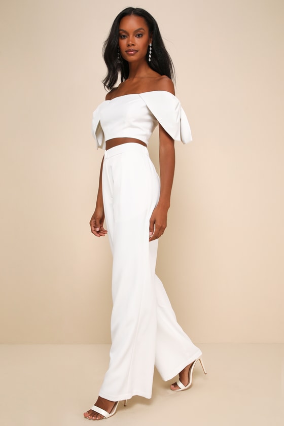 LULUS CAPTIVATING ENTRANCE WHITE OFF-THE-SHOULDER TWO-PIECE JUMPSUIT 