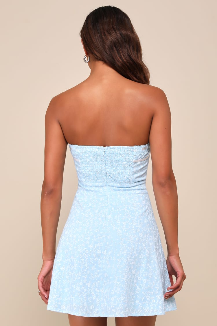 Precious Babe Light Blue Floral Ribbon Strapless Mini Dress