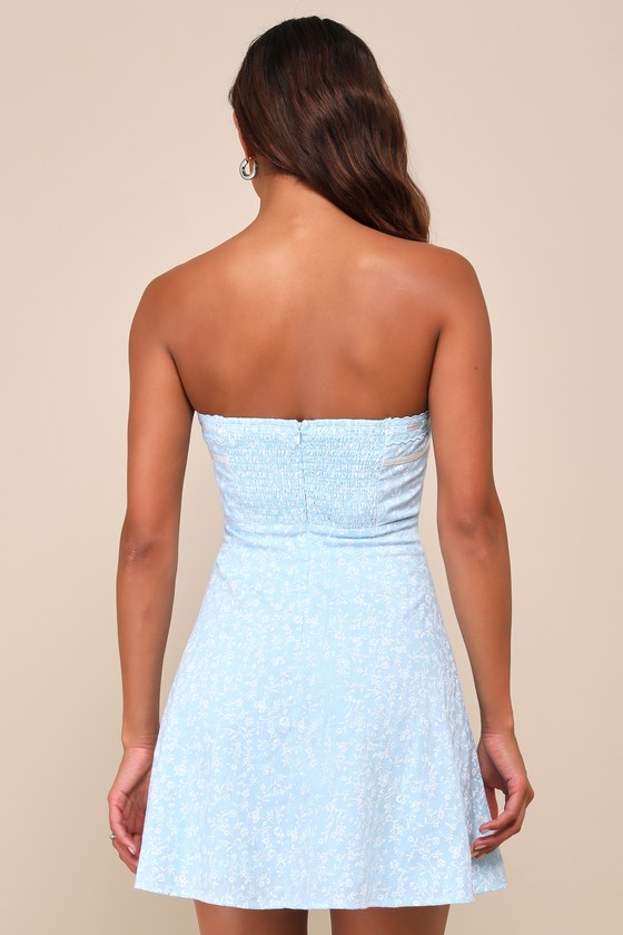 Light Blue Floral Dress - Ribbon Tie Dress - Strapless Mini Dress - Lulus