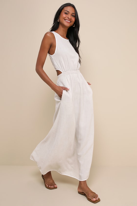 Exceptionally Breezy Beige Linen Cutout Maxi Dress With Pockets 2