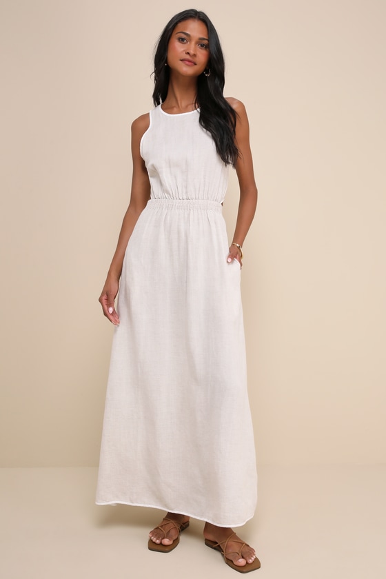 Exceptionally Breezy Beige Linen Cutout Maxi Dress With Pockets 3
