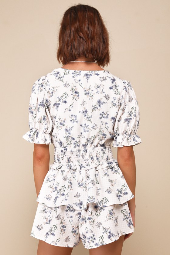 Lulus Complete Babe Ivory Floral Textured Tiered Smocked Cutout Romper In Ivory