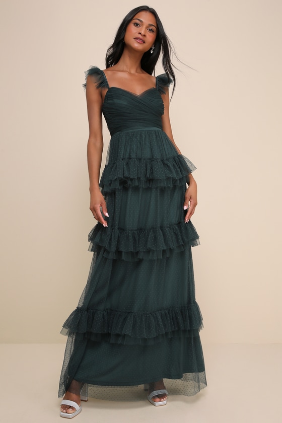 Emerald Green Mesh Maxi Dress - Swiss Dot Dress - Tiered Dress - Lulus