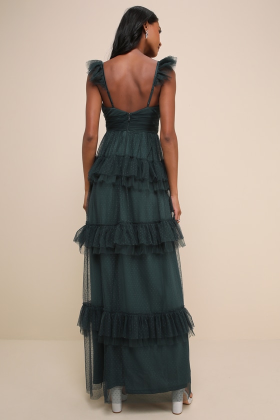 Lulus Pure Radiance Emerald Green Mesh Swiss Dot Tiered Maxi Dress In Emerald Green