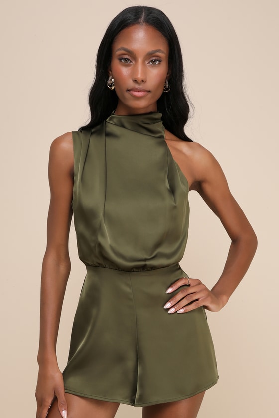 Advantageous Perfection Olive Green Satin Asymmetrical Romper 1