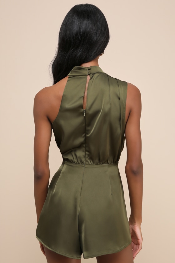 LULUS ADVANTAGEOUS PERFECTION OLIVE GREEN SATIN ASYMMETRICAL ROMPER 
