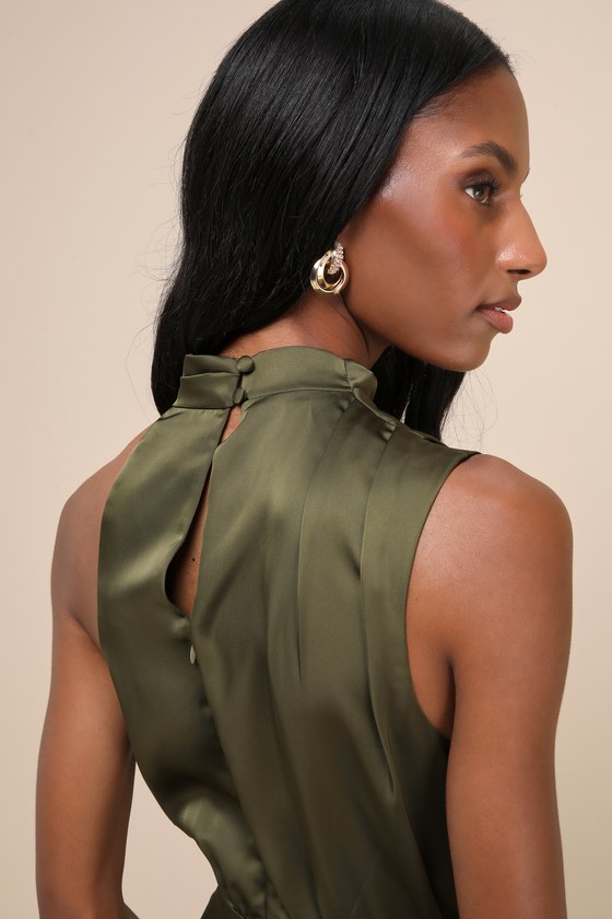 LULUS ADVANTAGEOUS PERFECTION OLIVE GREEN SATIN ASYMMETRICAL ROMPER 