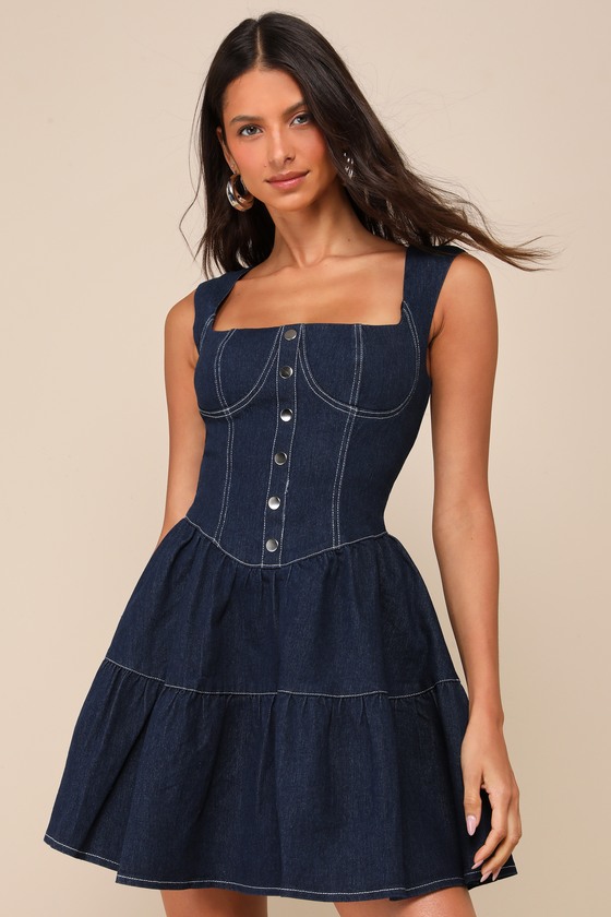 Lulus Trending Darling Dark Wash Denim Tiered Bustier Mini Dress In Blue