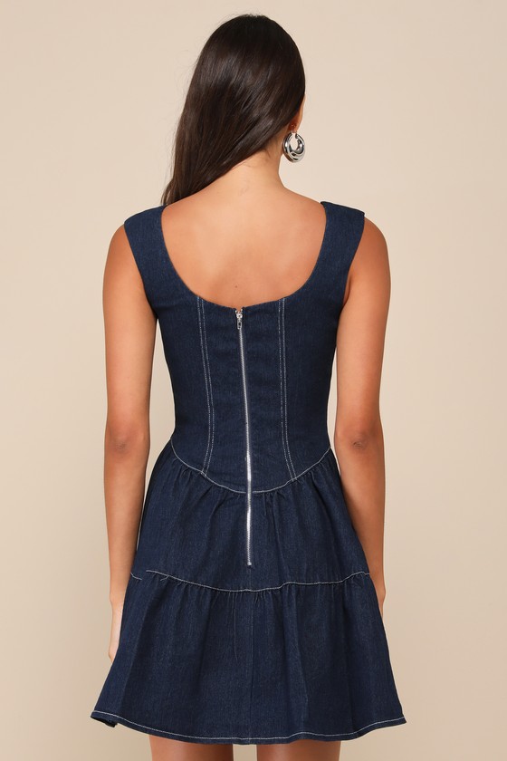 Lulus Trending Darling Dark Wash Denim Tiered Bustier Mini Dress In Blue