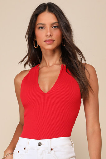 Trendy Endeavor Red Ribbed Notched Tank Top 3