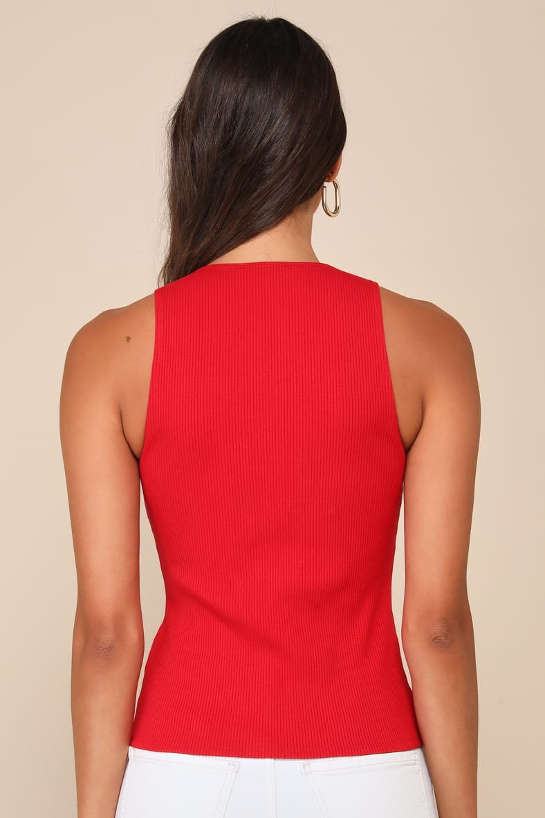 Trendy Endeavor Red Ribbed Notched Tank Top