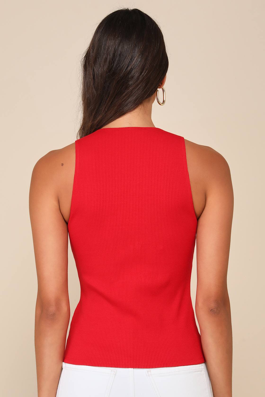 Trendy Endeavor Red Ribbed Notched Tank Top
