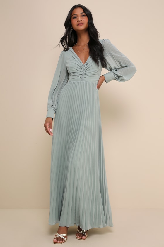 Sage Green Pleated Maxi Dress Long Sleeve Dress Maxi Dress Lulus
