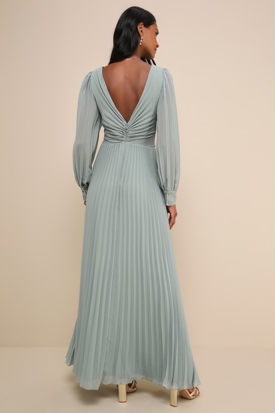 Sophisticated Grace Sage Green Pleated Long Sleeve Maxi Dress 3