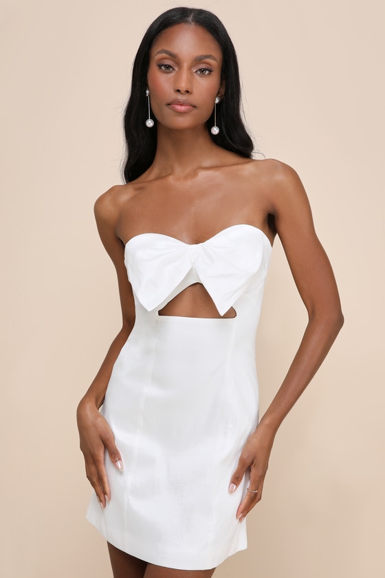 Lulus Especially Perfect White Taffeta Bow Cutout Strapless Mini Dress In White