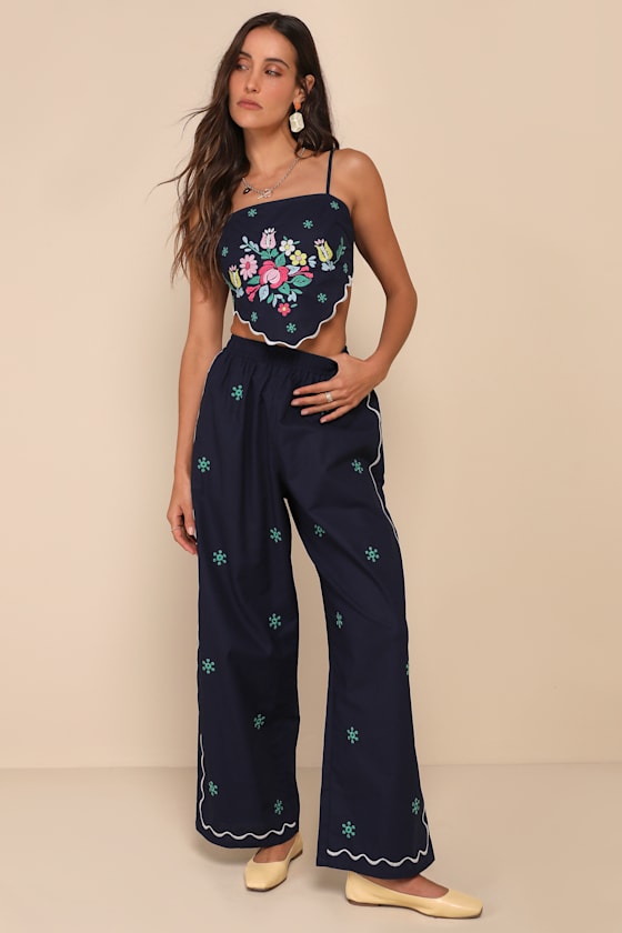 Charmed Aesthetic Navy Blue Linen Embroidered Handkerchief Top 5