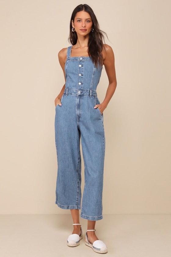 Drea Medium Wash Button-Front Sleeveless Denim Jumpsuit 1