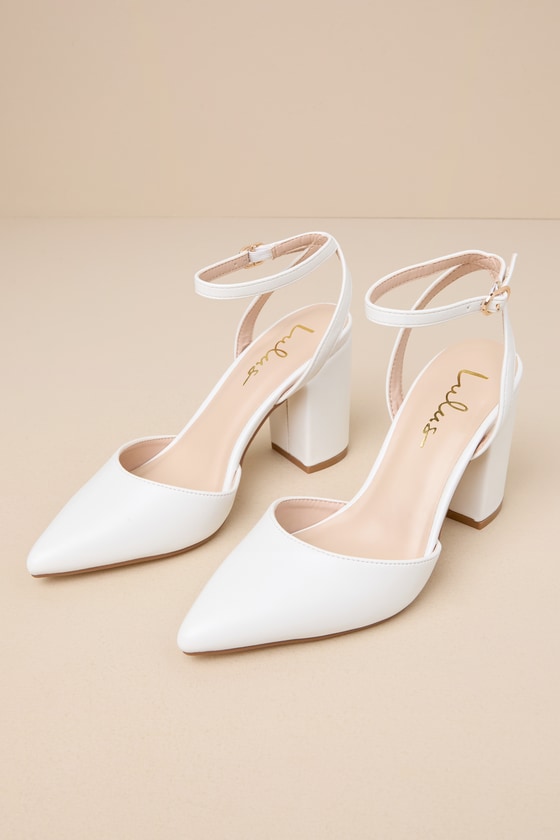 LULUS EMBLEY WHITE POINTED-TOE ANKLE STRAP PUMPS