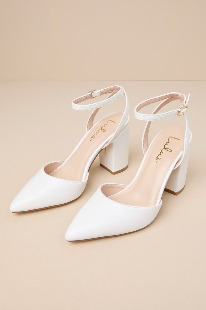 Embley White Pointed-Toe Ankle Strap Pumps