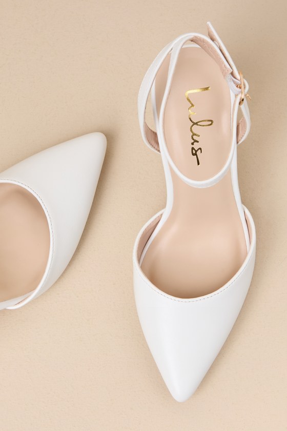 LULUS EMBLEY WHITE POINTED-TOE ANKLE STRAP PUMPS