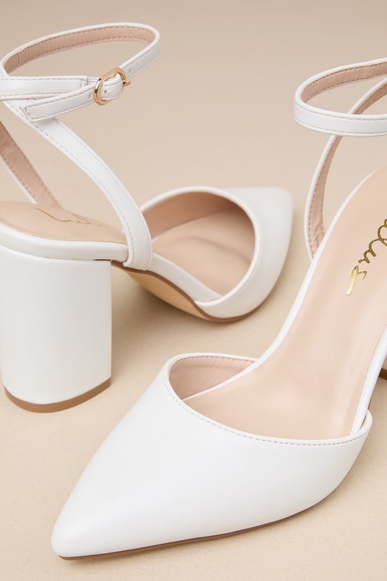 White Pointed-Toe Pumps - Ankle Strap Pumps - White High Heels - Image 5