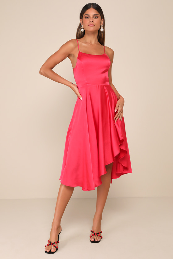 LULUS DAYS LIKE TODAY MAGENTA SATIN ASYMMETRICAL TIE-BACK MIDI DRESS
