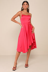 Days Like Today Magenta Satin Asymmetrical Tie-Back Midi Dress 1