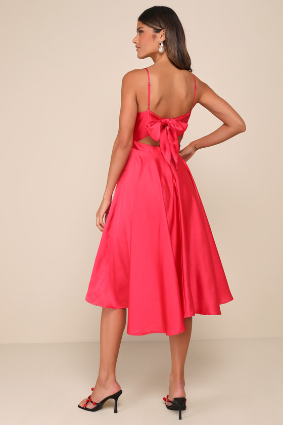 LULUS DAYS LIKE TODAY MAGENTA SATIN ASYMMETRICAL TIE-BACK MIDI DRESS