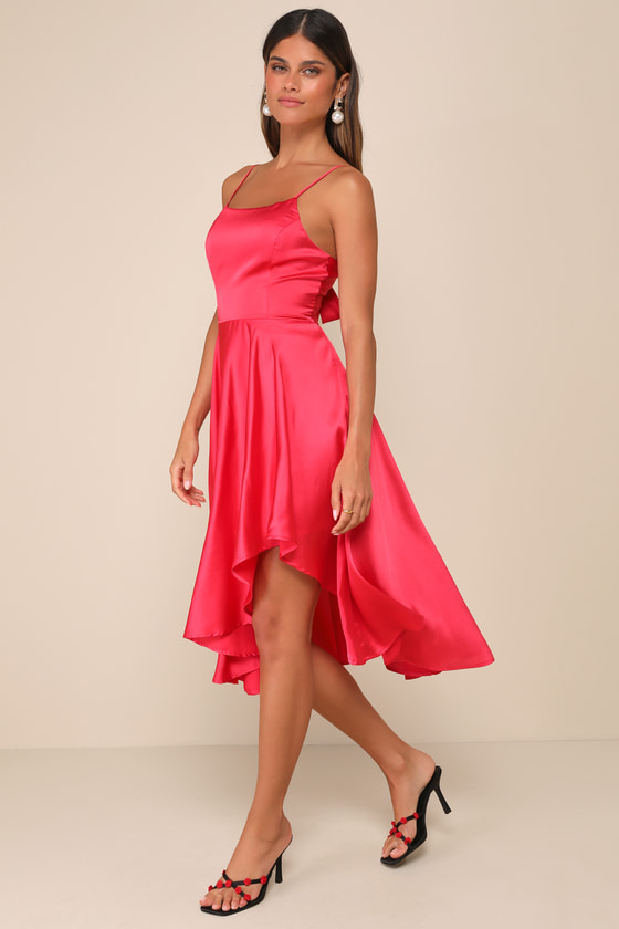 LULUS DAYS LIKE TODAY MAGENTA SATIN ASYMMETRICAL TIE-BACK MIDI DRESS