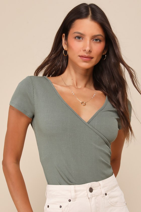 Lulus All Day Fave Sage Green Ribbed Surplice Short Sleeve Bodysuit In Sage Green