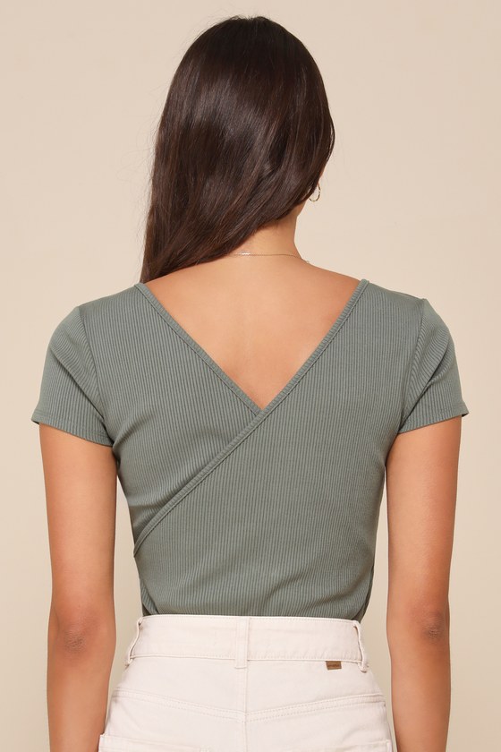 Lulus All Day Fave Sage Green Ribbed Surplice Short Sleeve Bodysuit In Sage Green