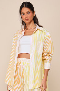 Remarkably Adorable Yellow Multi Striped Patchwork Button-Up Top
