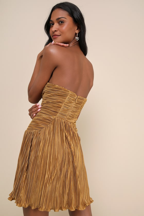 Deeply Glamorous Gold Plisse Strapless Drop Waist Mini Dress 3