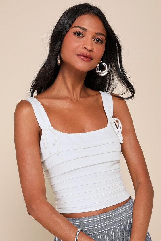 Trendsetting Essence White Linen Pleated Cropped Lace-Up Top 1