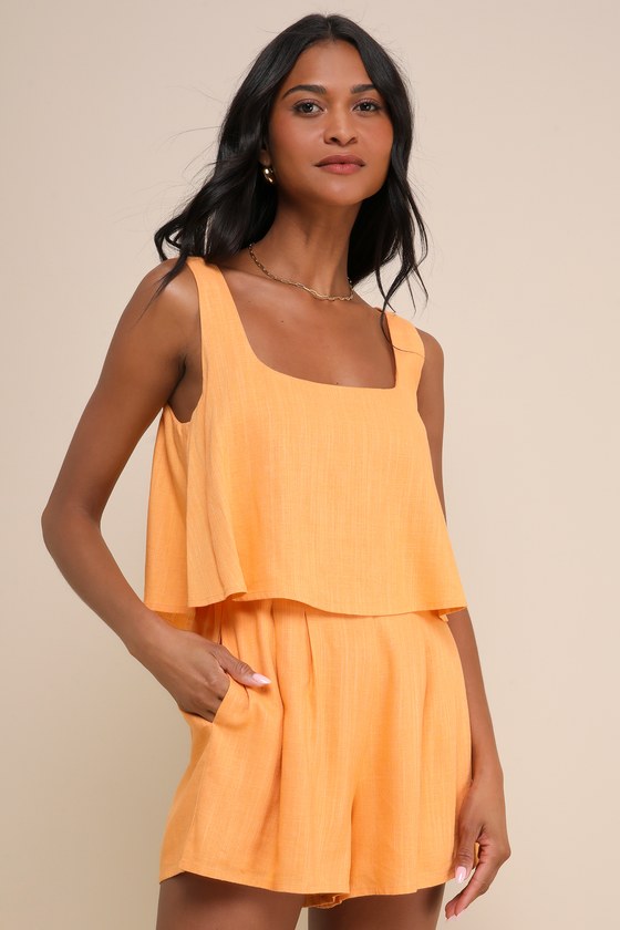 LULUS EFFORTLESS ESCAPE LIGHT ORANGE LINEN SLEEVELESS FLOUNCE ROMPER