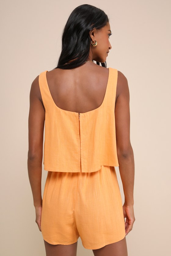 LULUS EFFORTLESS ESCAPE LIGHT ORANGE LINEN SLEEVELESS FLOUNCE ROMPER