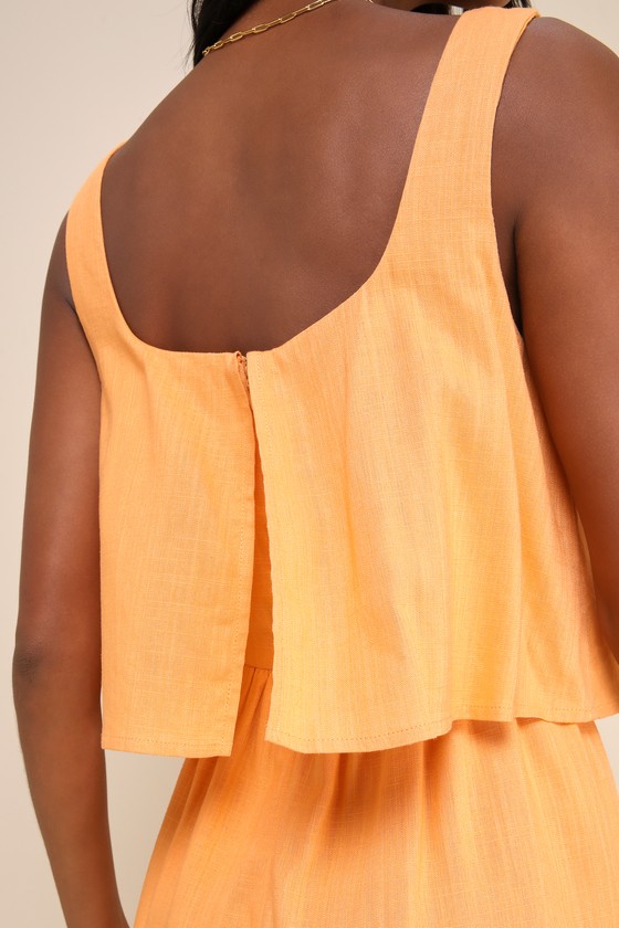 LULUS EFFORTLESS ESCAPE LIGHT ORANGE LINEN SLEEVELESS FLOUNCE ROMPER