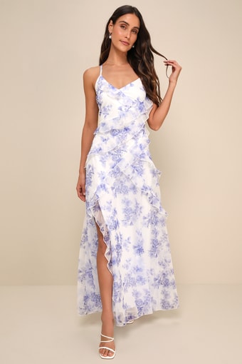 So Gorgeous White and Blue Floral Ruffled Lace-Up Maxi Dress 3
